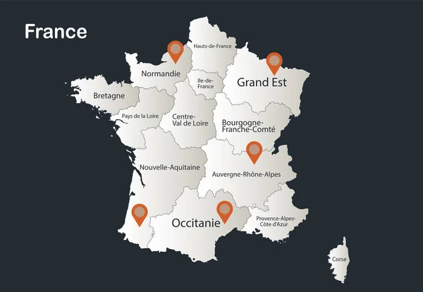 Francja Mapa Infografika Płaski Design Kolory Śnieg Biały Nazwami Poszczególnych — Wektor stockowy