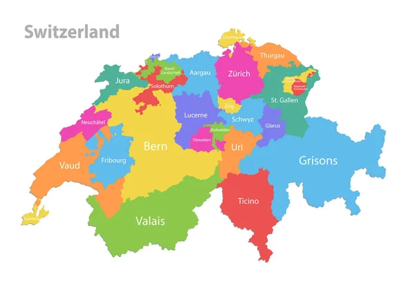 Ελβετικός Χάρτης Διοικητική Διαίρεση Ξεχωριστές Μεμονωμένες Περιοχές Ονόματα Περιοχών Έγχρωμος — Διανυσματικό Αρχείο