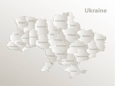 Ukrayna haritası, idari bölümler bölgeleri ayrı bölgeler olarak ayırır, üç boyutlu doğal kağıt vektörü