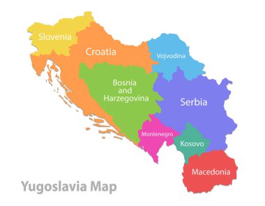 Yugoslavya haritası, idari bölünme, isimlerle ayrı ayrı bölgeler, beyaz arkaplan vektörüne izole edilmiş renk haritası