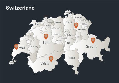 İsviçre haritası, Infographics düz tasarım renkleri, bireysel bölge vektörlerinin isimleriyle kar beyazı