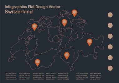 Bilgi grafikleri İsviçre harita taslağı, düz tasarım, mavi turuncu vektör