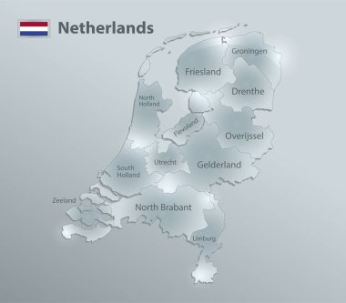 Hollanda harita ve bayrağı, idari bölünme, bölgeleri ayırır ve bireysel bölgeyi isimlendirir, cam kart 3D vektörü dizayn eder