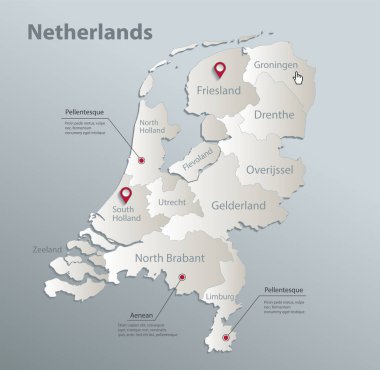 Hollanda haritası, isimlerle idari bölüm, mavi beyaz kart kağıdı 3D vektör