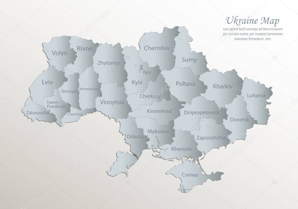 Ukraine map, administrative division with names, white blue card paper 3D vector