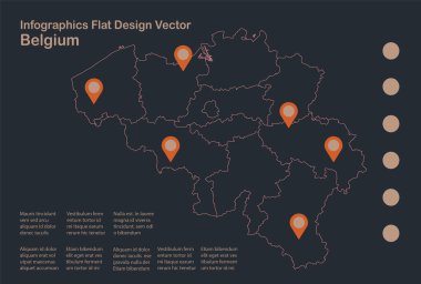 Infographics Belçika haritası ana hatları, düz tasarım, mavi turuncu vektör