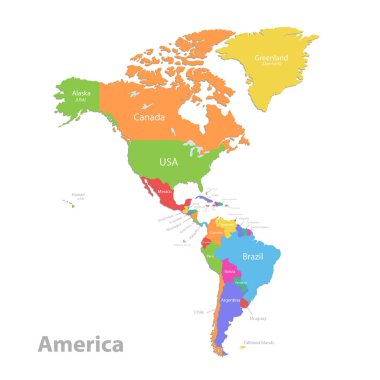 Amerika haritası, beyaz arkaplan vektörü üzerinde izole edilmiş renk haritası ve devlet isimleriyle ayrı ayrı devletler