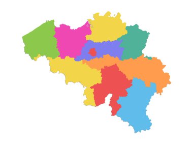 Belçika haritası, idari bölüm, ayrı bölgeler, beyaz arkaplanda izole edilmiş renk haritası