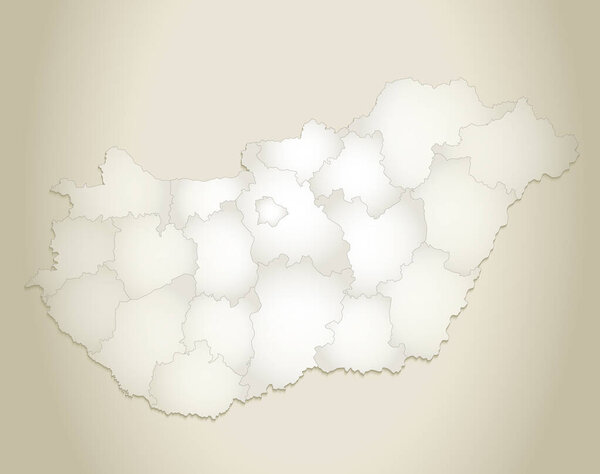 Hungary map, administrative division, old paper background blank