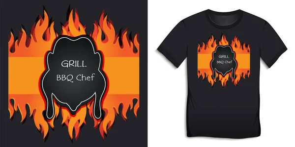 Desain Grafis Bbq Hitam Dan Shirt Bakar Ayam Panggang Terbakar - Stok Vektor
