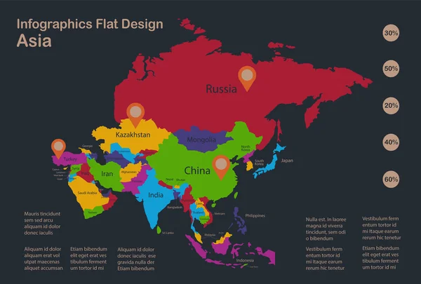 Infografías Mapa Asia Colores Planos Diseño Con Nombres Estados Individuales — Vector de stock
