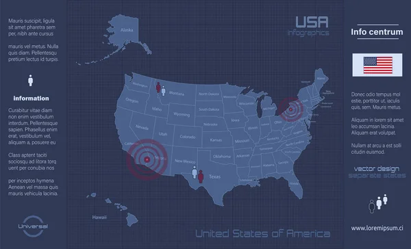 Usa Map Odděluje Stavy Názvy Infographics Modrý Plochý Design Vektor — Stockový vektor