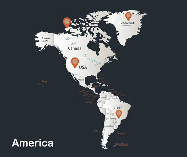 Mapa América Infografías Planas Colores Diseño Blanco Nieve Con Nombres — Vector de stock