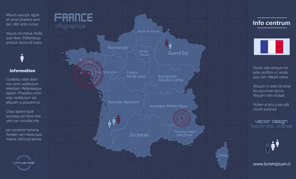 Francia Mapa Regiones Separadas Con Nombres Infografías Azul Plano Diseño — Archivo Imágenes Vectoriales
