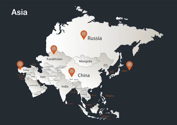 Mapa Asia Infografías Diseño Plano Colores Blanco Nieve Con Nombres — Archivo Imágenes Vectoriales