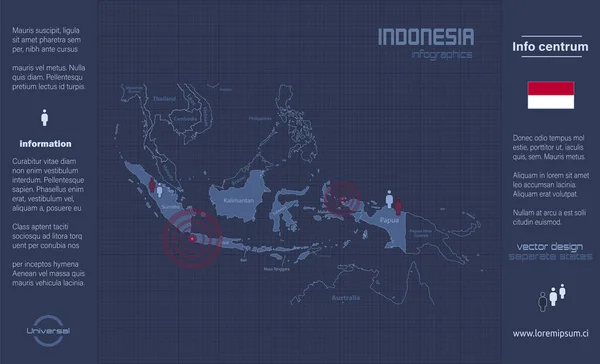 インドネシア地図 名前のある別の地域 インフォグラフィック青フラットデザインベクトル — ストックベクタ