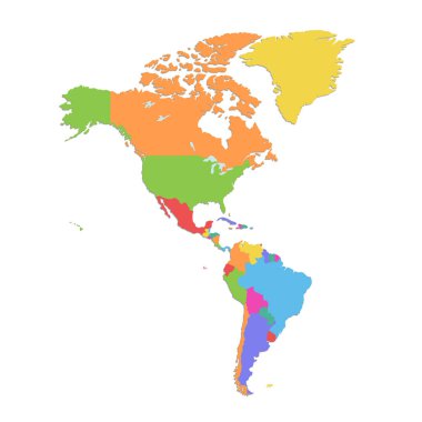 Amerika haritası, ayrı ayrı devletler, beyaz arka planda izole edilmiş renk haritası