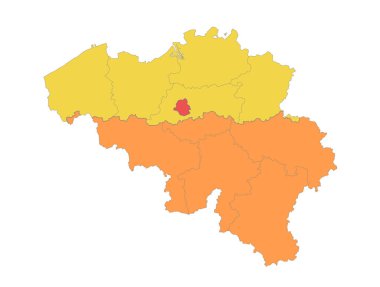 Belçika haritası, Belçika eyaletleri, bölgeleri ayırır, beyaz arkaplan boşluğunda izole edilmiş renk haritası