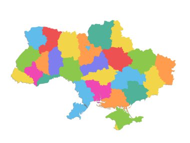 Ukrayna haritası, idari bölüm, ayrı bölgeler, beyaz arkaplanda izole edilmiş renk haritası