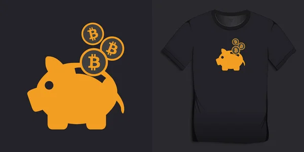Bitcoin Piggy Bank Shirt Vektörü Için Koyu Kripto Para Birimi — Stok Vektör