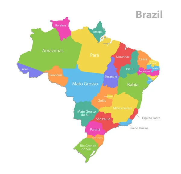 ブラジル地図 行政区画 名前を持つ個別の地域 白の背景ベクトルに分離されたカラーマップ — ストックベクタ
