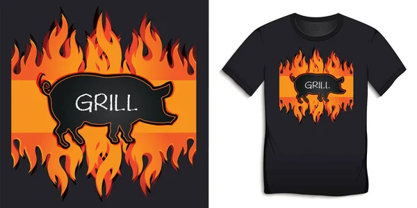 Siyah Domuz Izgara Tişörtlerinin Grafiksel Tasarımı Ateşte Kızartılmış Domuz Eti — Stok Vektör