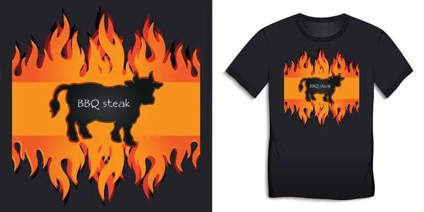 Conception Graphique Shirts Barbecue Grill Vache Noire Bœuf Grillé Feu — Image vectorielle