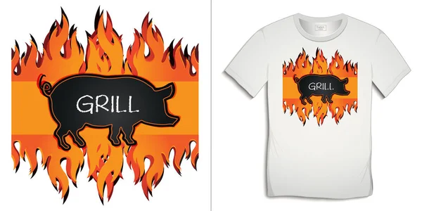 Diseño Gráfico Camisetas Cerdo Parrilla Cerdo Parrilla Llamas Pizarra Negra — Archivo Imágenes Vectoriales