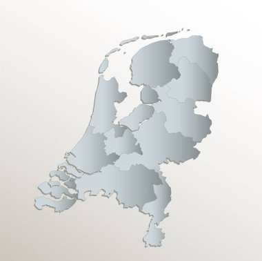 Hollanda haritası, idari bölüm, beyaz mavi kart kağıdı 3D boş