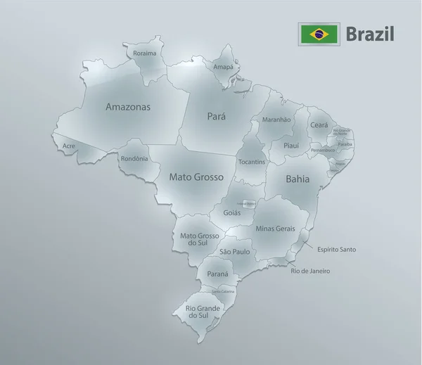 巴西地图和国旗 行政区划 区分区域和名称 设计玻璃卡3D矢量 — 图库矢量图片