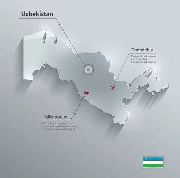 Uzbekistán mapa bandera tarjeta de vidrio papel 3D vector — Archivo Imágenes Vectoriales