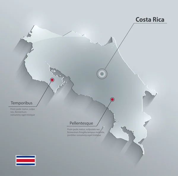 Costa Rica mapa bandera de vidrio tarjeta de papel 3D vector — Vector de stock