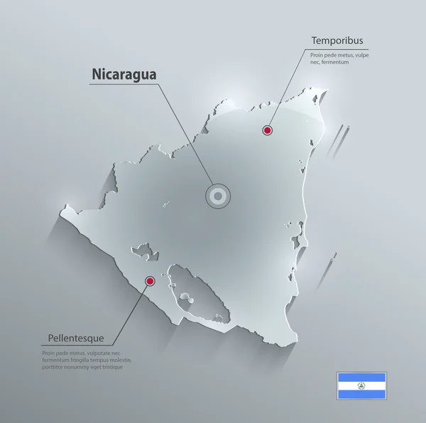 Mapa de Nicaragua tarjeta de vidrio bandera de papel 3D vector — Archivo Imágenes Vectoriales