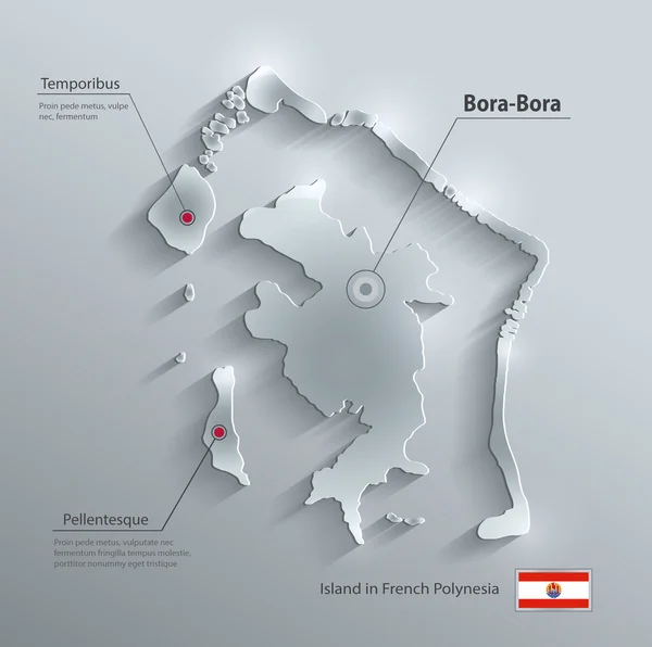 Bora-Bora mapa bandera tarjeta de vidrio papel 3D vector polinesia francesa — Vector de stock