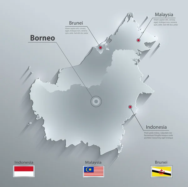 Borneo mapa de papel de tarjeta de vidrio 3D vector - Malasia Indonesia Brunei país — Vector de stock