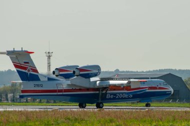 30 Ağustos 2019. Zhukovsky, Rusya. Çok amaçlı amfibi uçak Beriev Be-200 Altair Uluslararası Havacılık ve Uzay Salonu MAKS 2019.