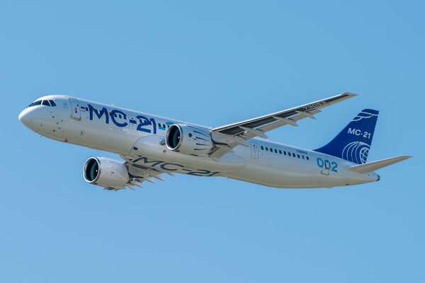 August 30, 2019. Zhukovsky, Russia. Promising Russian medium-range narrow-body passenger aircraft Irkut MC-21 at the International Aviation and Space Salon MAKS 2019.