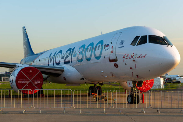 August 30, 2019. Zhukovsky, Russia. Promising Russian medium-range narrow-body passenger aircraft Irkut MC-21 at the International Aviation and Space Salon MAKS 2019.