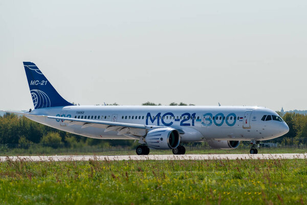 August 30, 2019. Zhukovsky, Russia. Promising Russian medium-range narrow-body passenger aircraft Irkut MC-21 at the International Aviation and Space Salon MAKS 2019.