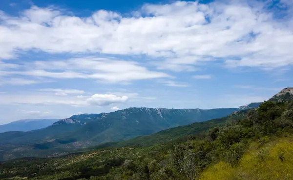 Vista Las Montañas Cubiertas Bosque Verde Descendiendo Derecha Hacia Mar —  Fotos de Stock