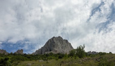 Yeşil ormanlarla çevrili ulaşılmaz kayalar ve açık güneşli yaz mevsiminde çalılar..