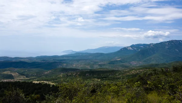 Widok Góry Pokryte Zielonym Lasem Schodzące Prawo Morza — Zdjęcie stockowe