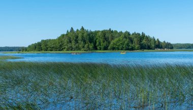 Finlandiya Körfezi 'nde Baltık Denizi kıyısında küçük bir körfezin ortasında ağaçlık bir ada.