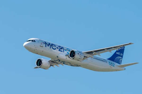 August 30, 2019. Zhukovsky, Russia. Promising Russian medium-range narrow-body passenger aircraft Irkut MC-21 at the International Aviation and Space Salon MAKS 2019.