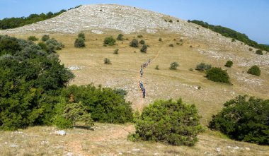 Bir grup turist Kırım yarımadasının dağlarında bir patika boyunca yürüyorlar..