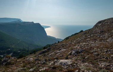 Akdeniz manzarası. Kırım Yarımadası 'nın güney kıyısındaki Karadeniz kıyısındaki orman kayaları güneşli bir günde.