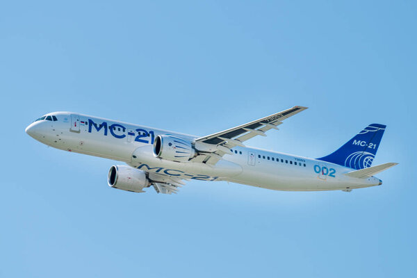 August 30, 2019. Zhukovsky, Russia. Promising Russian medium-range narrow-body passenger aircraft Irkut MC-21 at the International Aviation and Space Salon MAKS 2019.