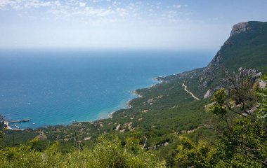 Akdeniz manzarası. Kırım Yarımadası 'nın güney kıyısındaki Karadeniz kıyısındaki orman kayaları güneşli bir günde.
