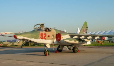 30 Ağustos 2019, Moskova bölgesi, Rusya. Rus Sukhoi Su-25 saldırı uçağı Uluslararası Havacılık ve Uzay Salonu 'nda.