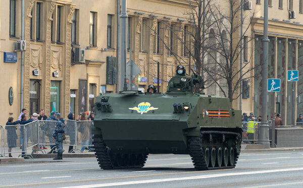 April 30, 2021 Moscow, Russia. Floating armored personnel carrier BTR-MDM Rakushka on Tverskaya Street in Moscow.